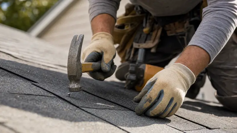 Roofer fastening a shingle